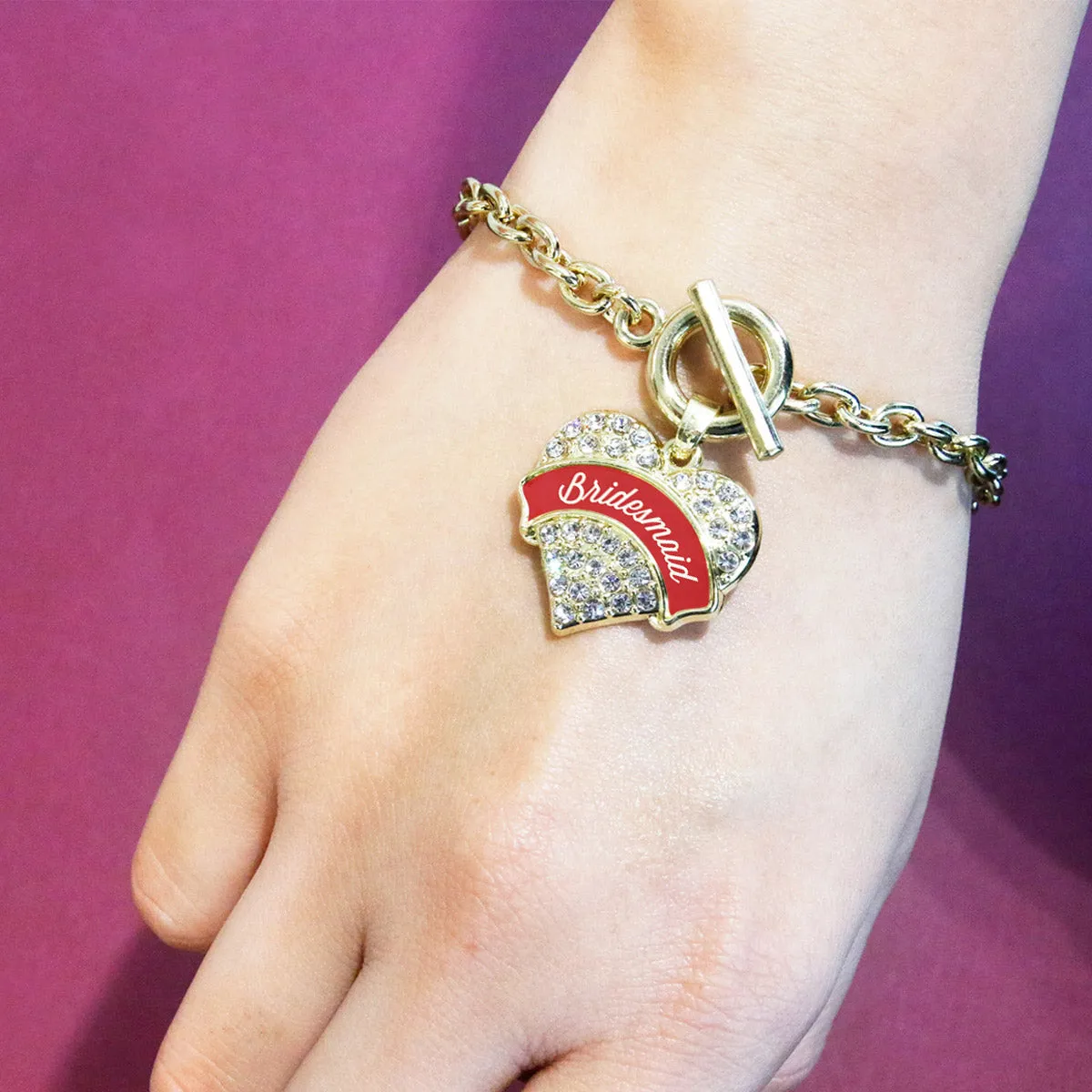 Gold Red Bridesmaid Pave Heart Charm Toggle Bracelet