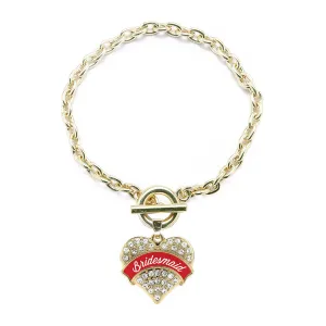 Gold Red Bridesmaid Pave Heart Charm Toggle Bracelet