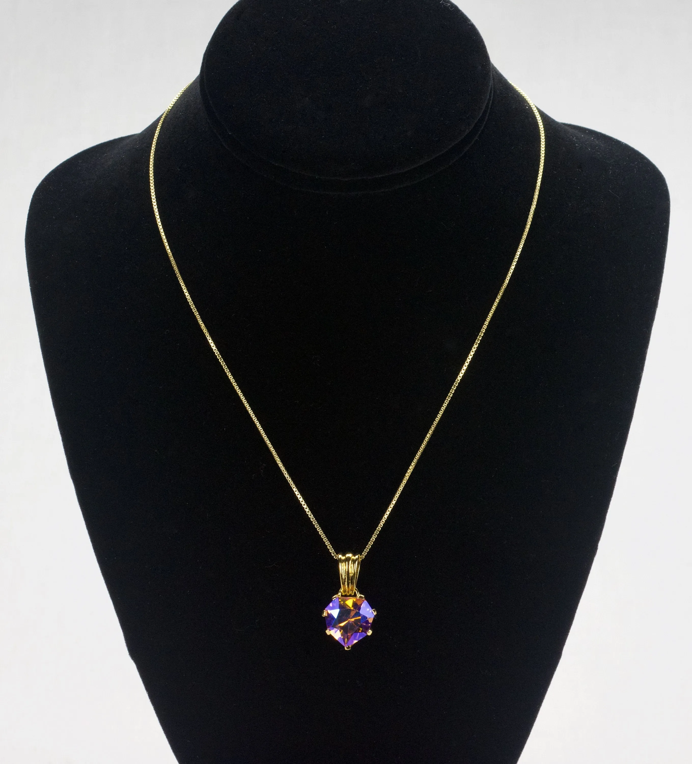 Gold Tone Sterling Silver Chain with Iridescent Heart Shape Crystal Pendant Set in Gold Tone Sterling