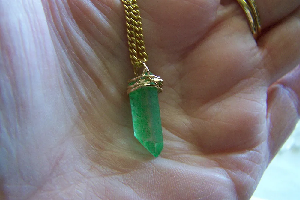 Green Aura Crystal Kryptonite Quartz Gold Wire Wrapped Pendant