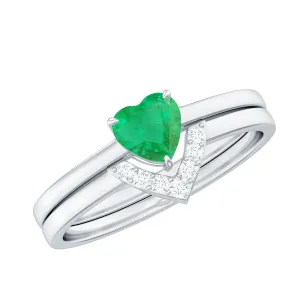 Heart Shape Emerald and Diamond Solitaire Ring Set