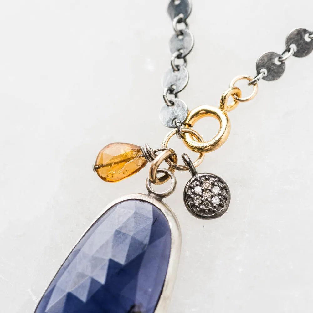 Iolite Necklace with Whiskey Quartz and Pavé Diamond Disc