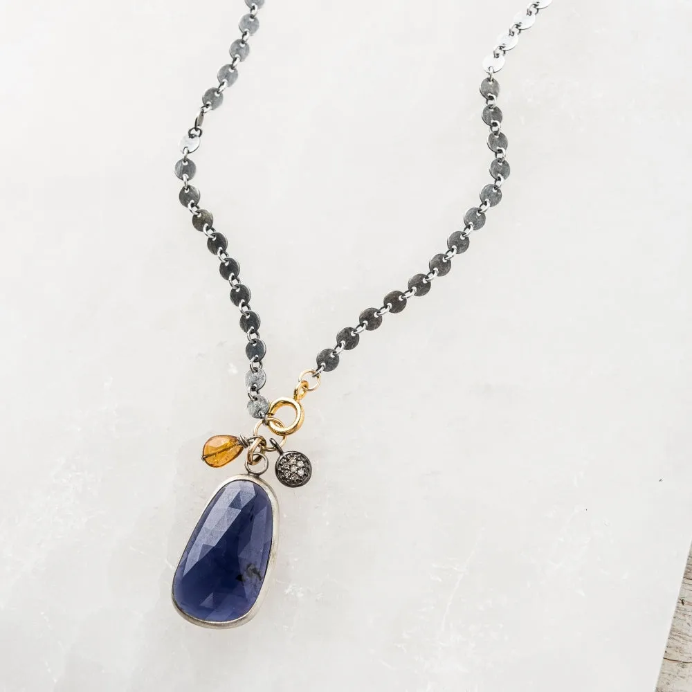 Iolite Necklace with Whiskey Quartz and Pavé Diamond Disc