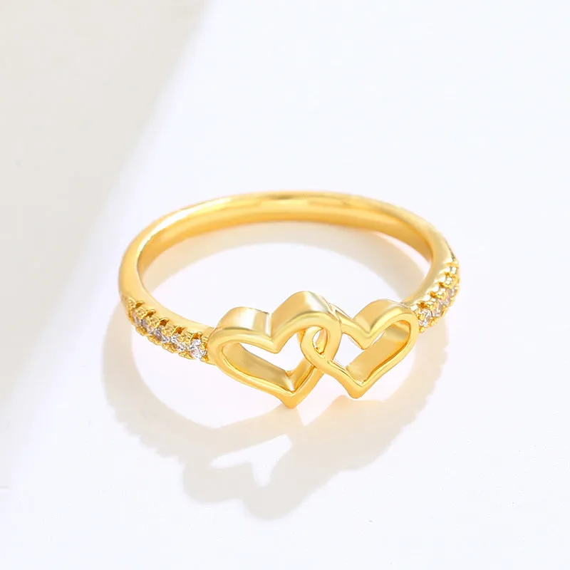 Jewelry alloy inlaid zirconium glossy double heart ring plated with 24K gold retro heart-shaped hand ornaments love ring for women