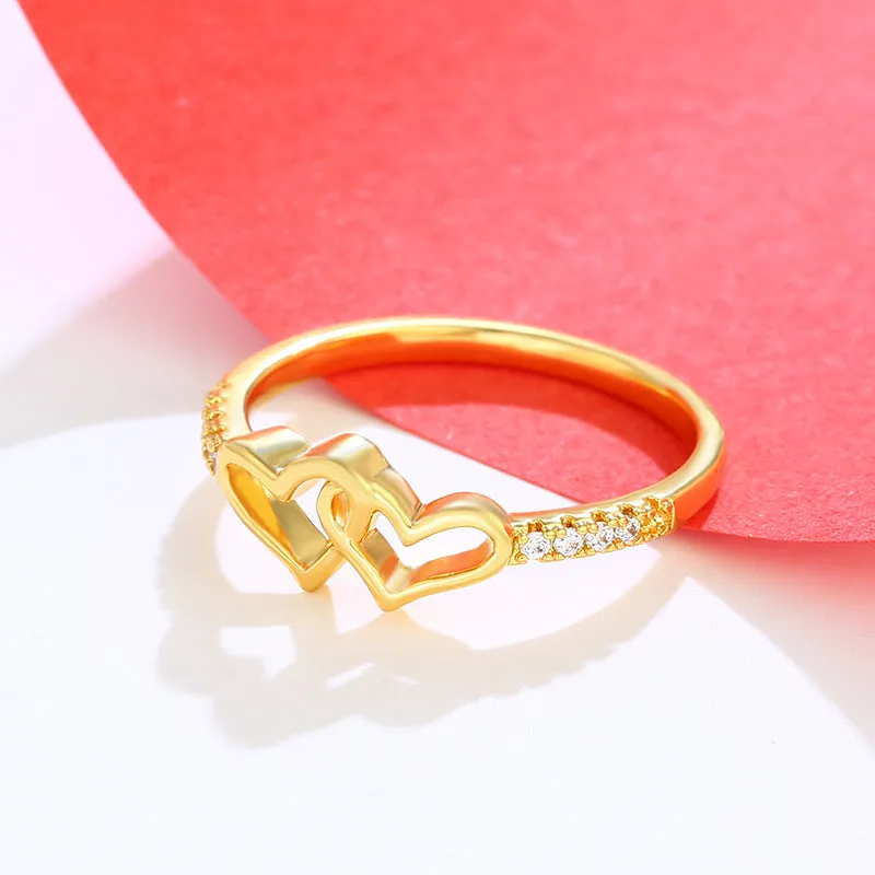 Jewelry alloy inlaid zirconium glossy double heart ring plated with 24K gold retro heart-shaped hand ornaments love ring for women