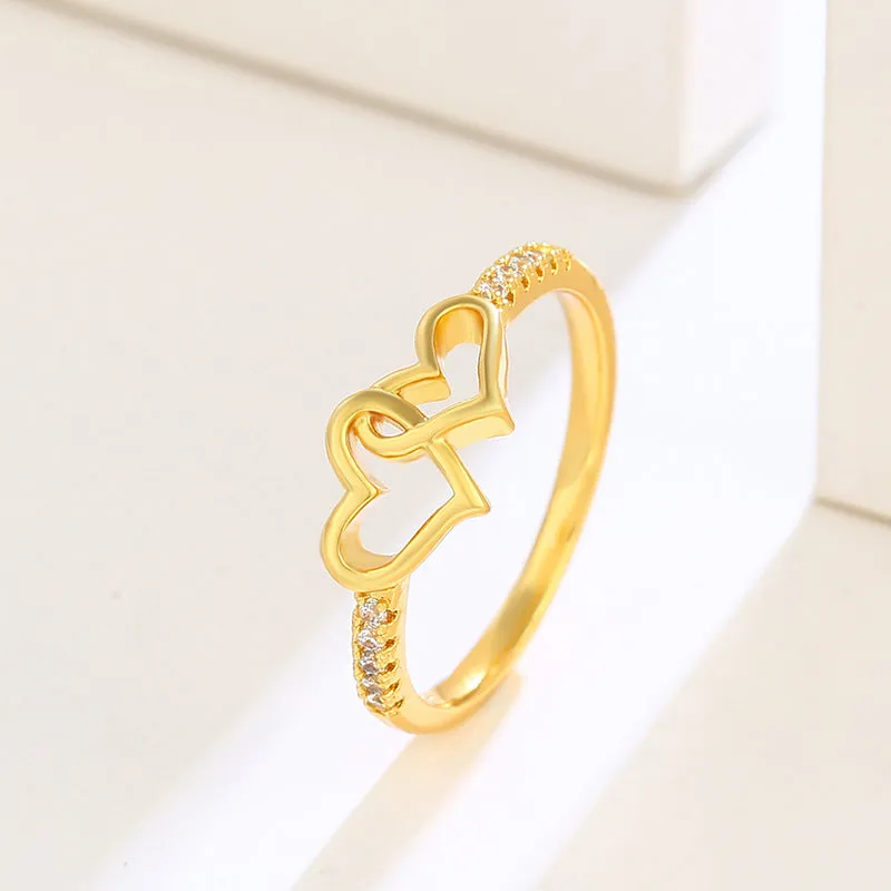 Jewelry alloy inlaid zirconium glossy double heart ring plated with 24K gold retro heart-shaped hand ornaments love ring for women