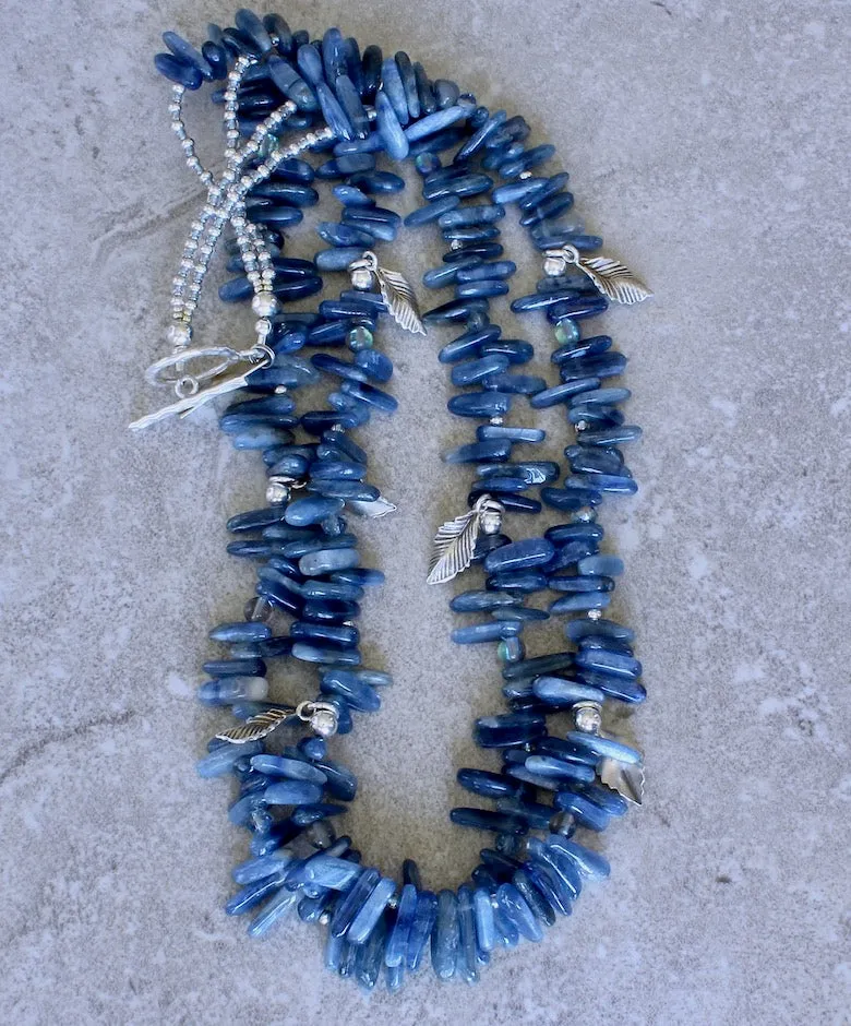 Kyanite Briolette 2-Strand Necklace with Blue Mystic Quartz Rounds, and Sterling Silver Rounds, Leaf Charms and Toggle Clasp