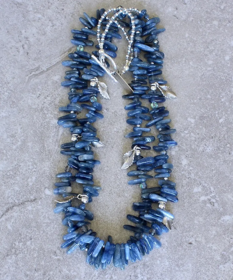 Kyanite Briolette 2-Strand Necklace with Blue Mystic Quartz Rounds, and Sterling Silver Rounds, Leaf Charms and Toggle Clasp