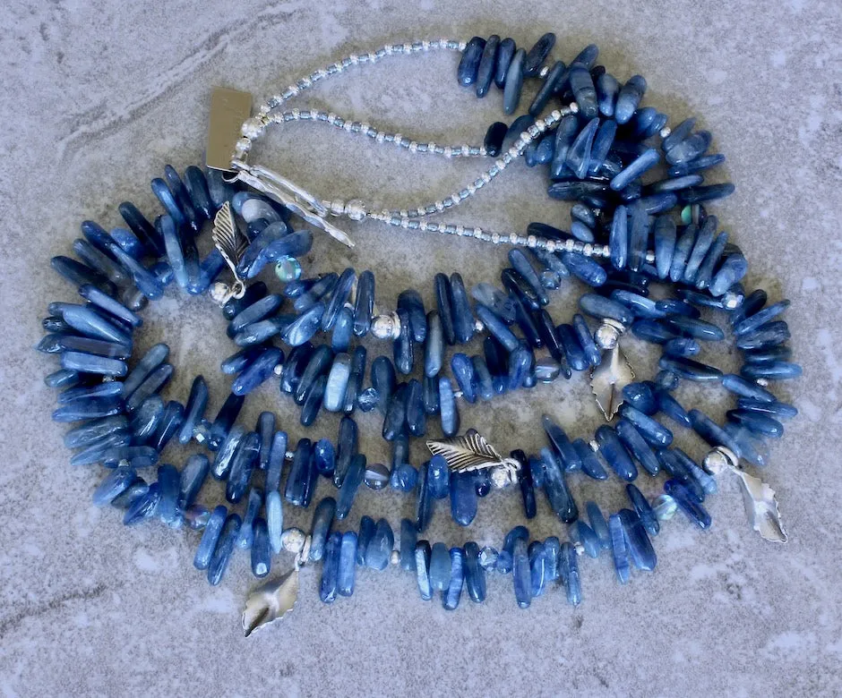 Kyanite Briolette 2-Strand Necklace with Blue Mystic Quartz Rounds, and Sterling Silver Rounds, Leaf Charms and Toggle Clasp