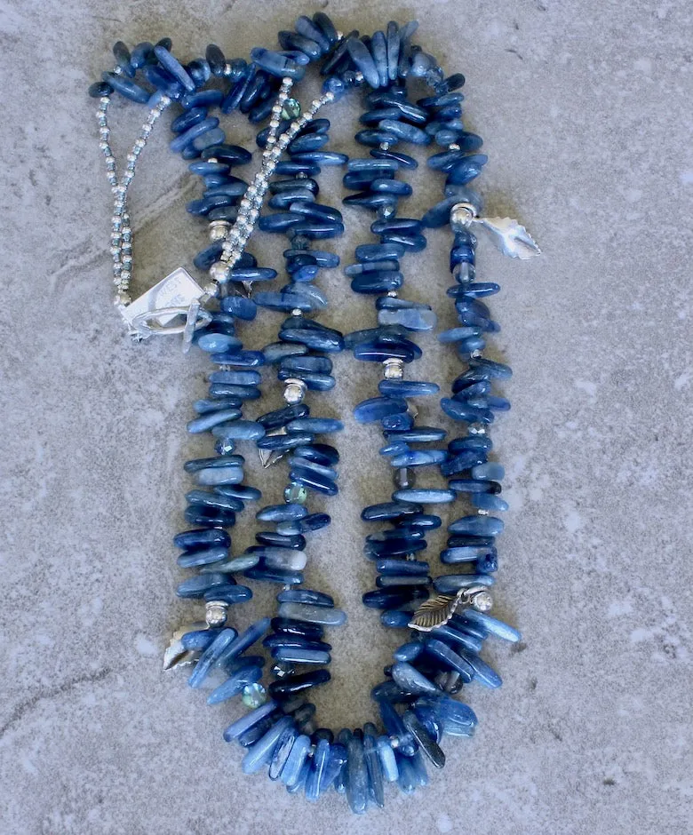 Kyanite Briolette 2-Strand Necklace with Blue Mystic Quartz Rounds, and Sterling Silver Rounds, Leaf Charms and Toggle Clasp