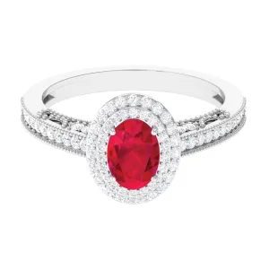 Lab-Created Ruby Beaded Engagement Ring with Diamond