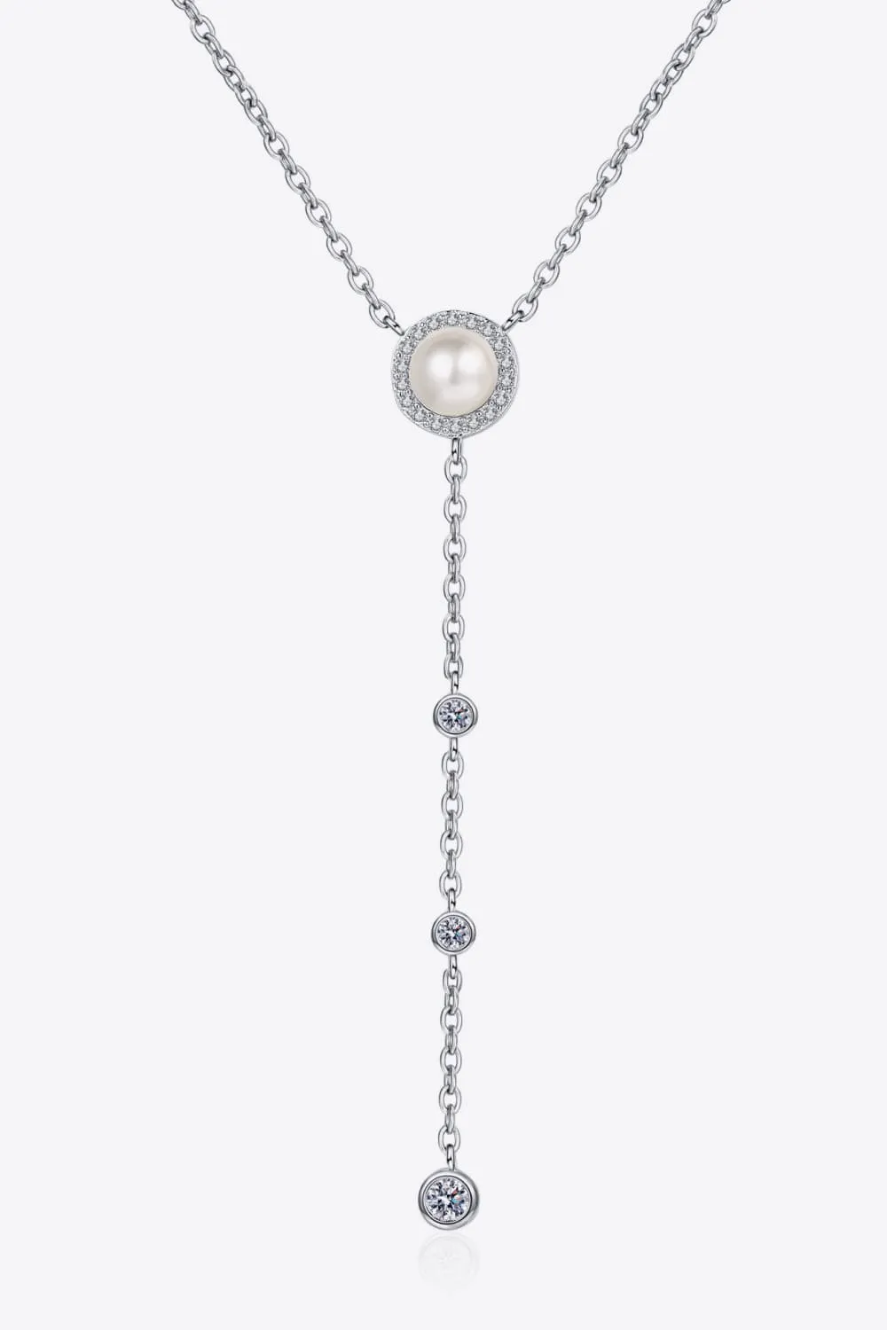 Lariat Necklace with Pearl 925 Sterling Silver Moissanite Rhodium-Plated Necklace