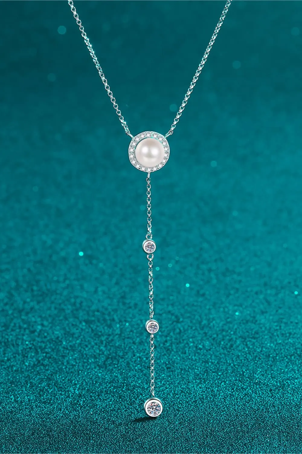 Lariat Necklace with Pearl 925 Sterling Silver Moissanite Rhodium-Plated Necklace