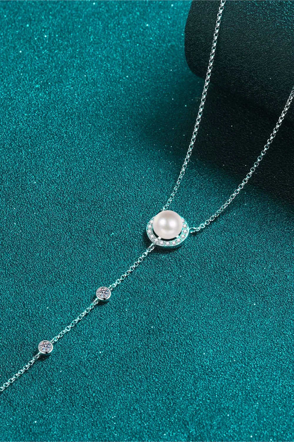 Lariat Necklace with Pearl 925 Sterling Silver Moissanite Rhodium-Plated Necklace