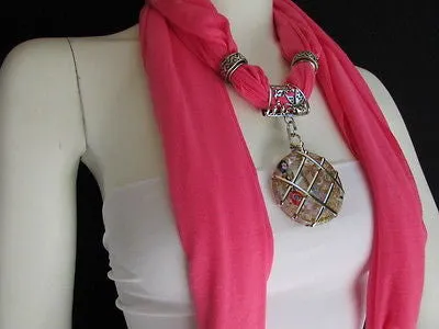 Light Blue Gray Pink Soft Fabric Glass Pendant Scarf Long Necklace Silver Metal