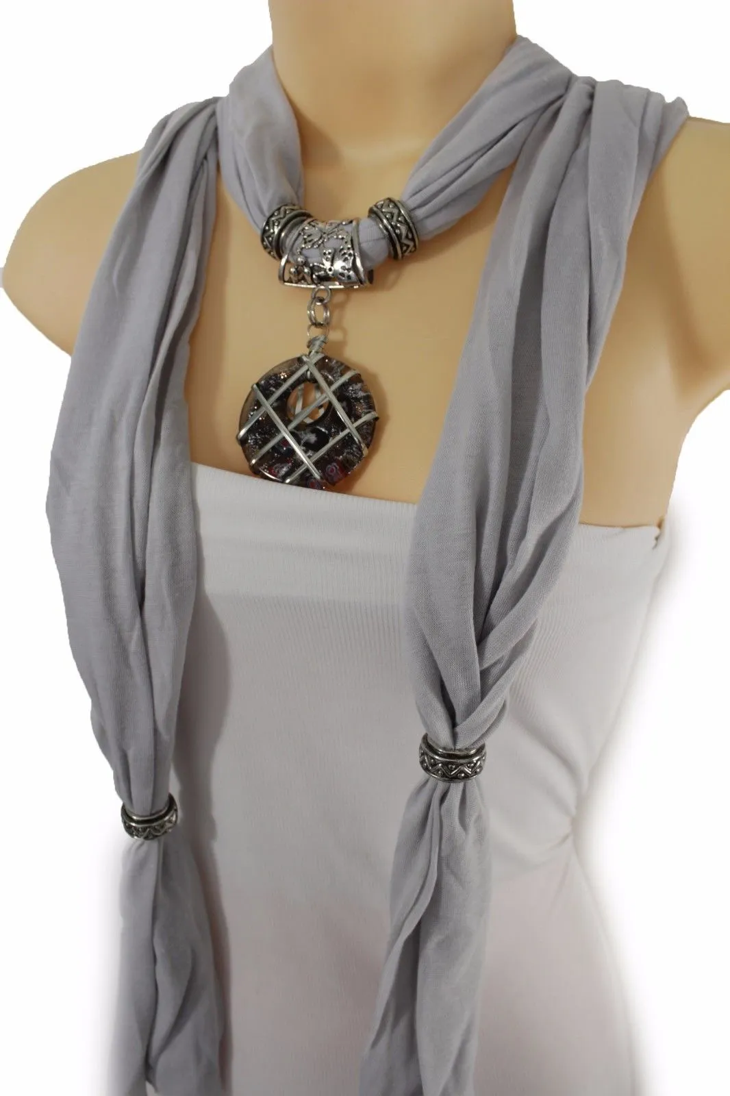 Light Blue Gray Pink Soft Fabric Glass Pendant Scarf Long Necklace Silver Metal