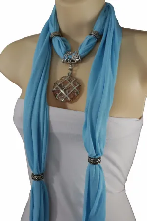 Light Blue Gray Pink Soft Fabric Glass Pendant Scarf Long Necklace Silver Metal