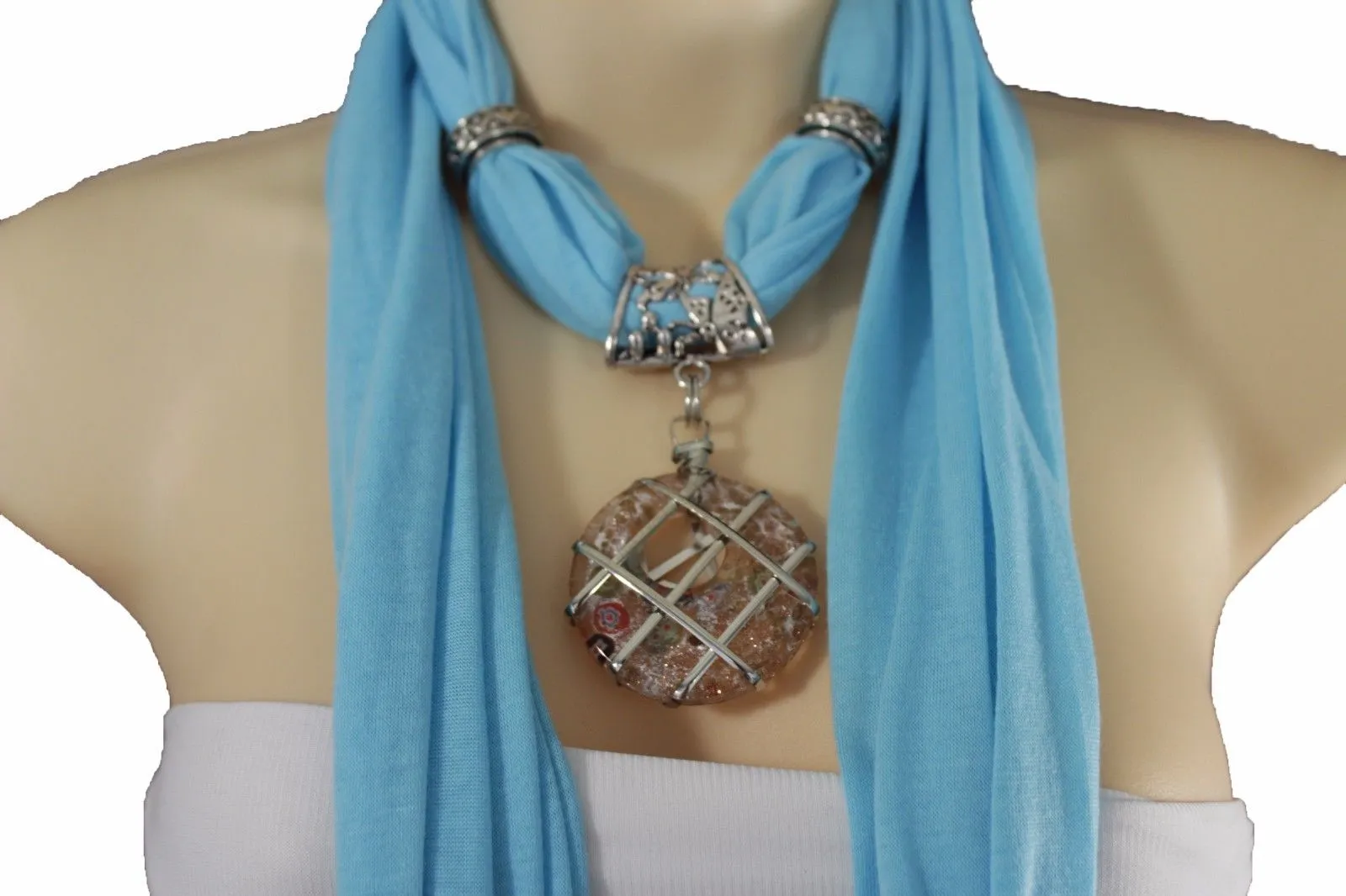 Light Blue Gray Pink Soft Fabric Glass Pendant Scarf Long Necklace Silver Metal