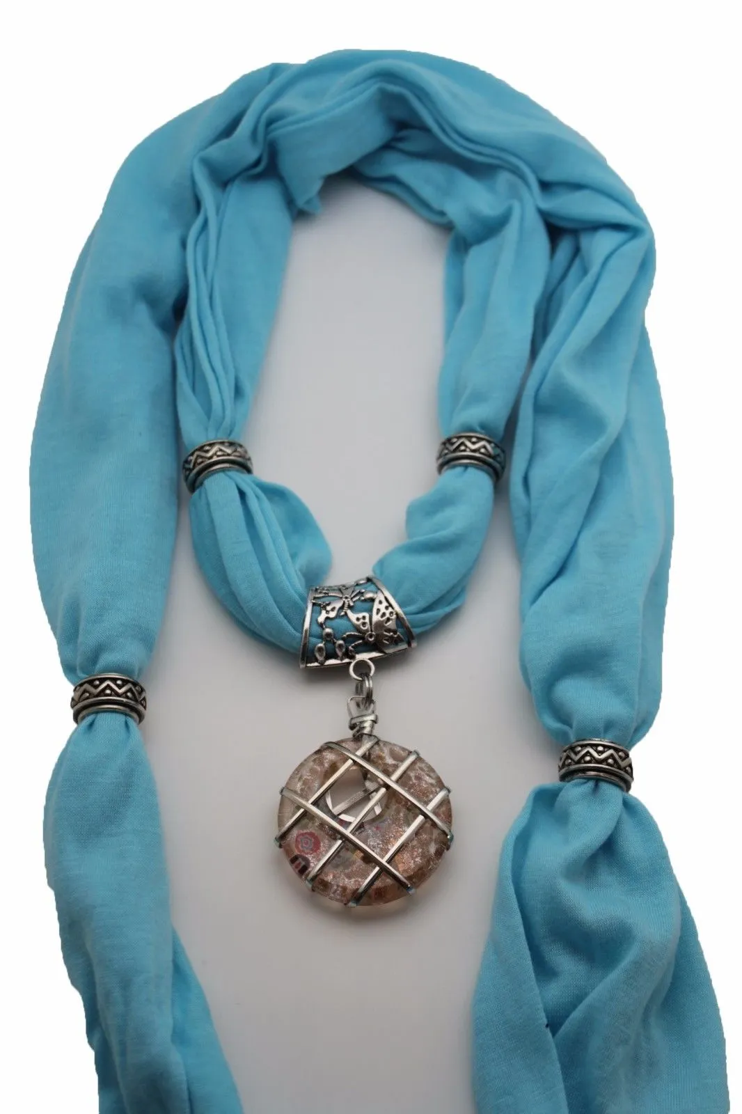 Light Blue Gray Pink Soft Fabric Glass Pendant Scarf Long Necklace Silver Metal