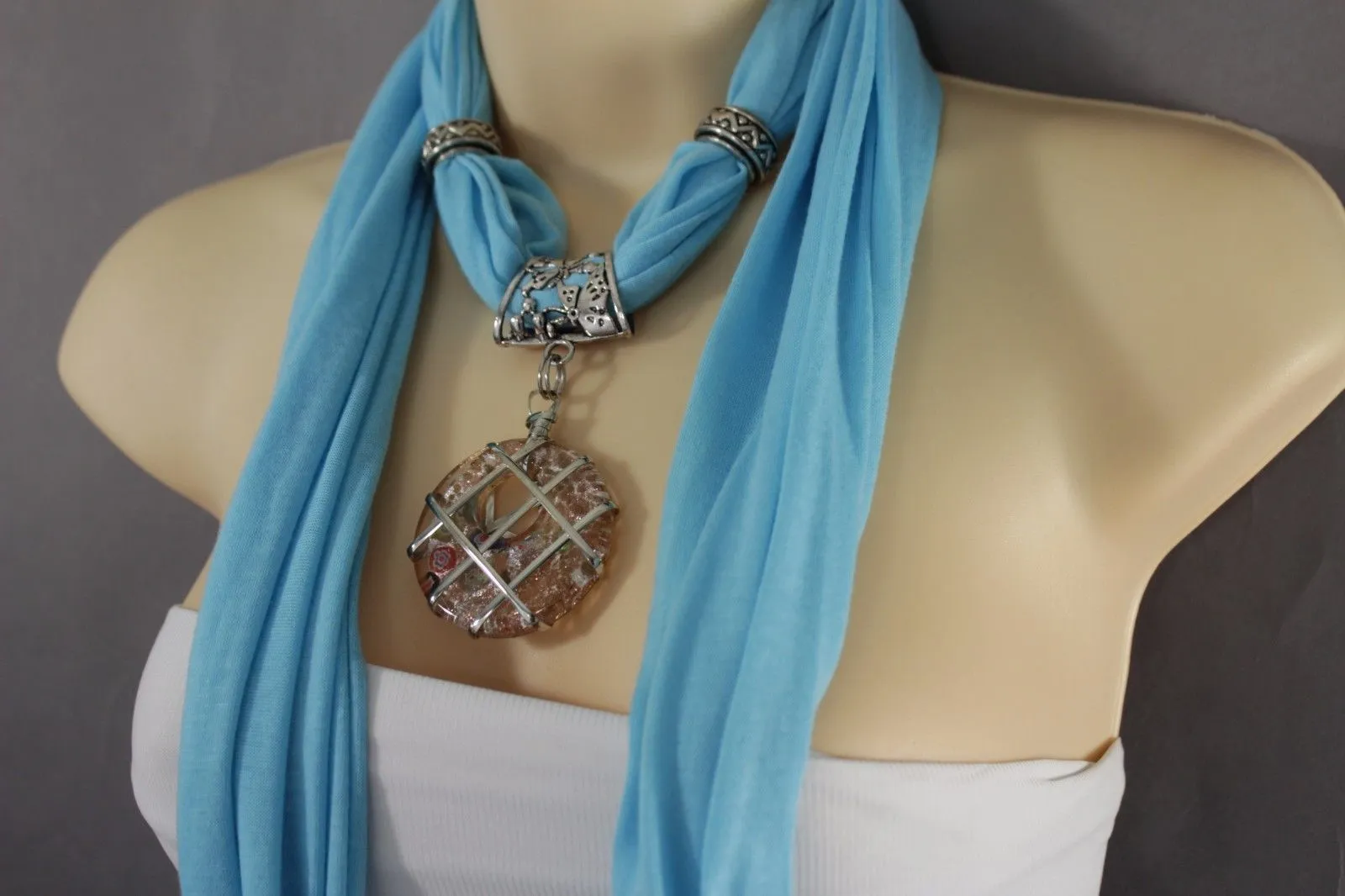 Light Blue Gray Pink Soft Fabric Glass Pendant Scarf Long Necklace Silver Metal