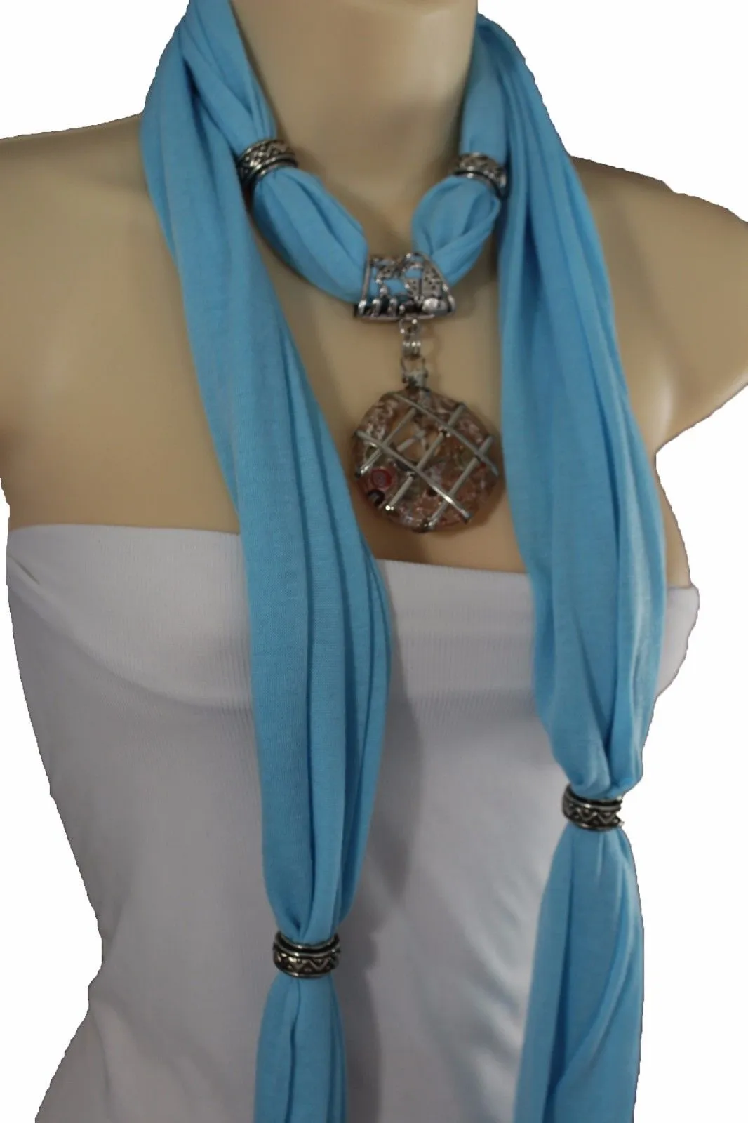 Light Blue Gray Pink Soft Fabric Glass Pendant Scarf Long Necklace Silver Metal