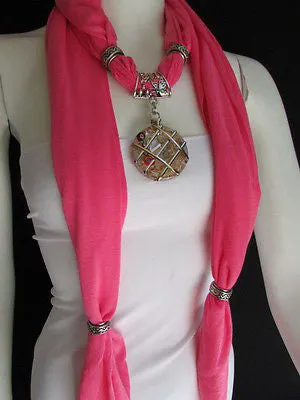 Light Blue Gray Pink Soft Fabric Glass Pendant Scarf Long Necklace Silver Metal