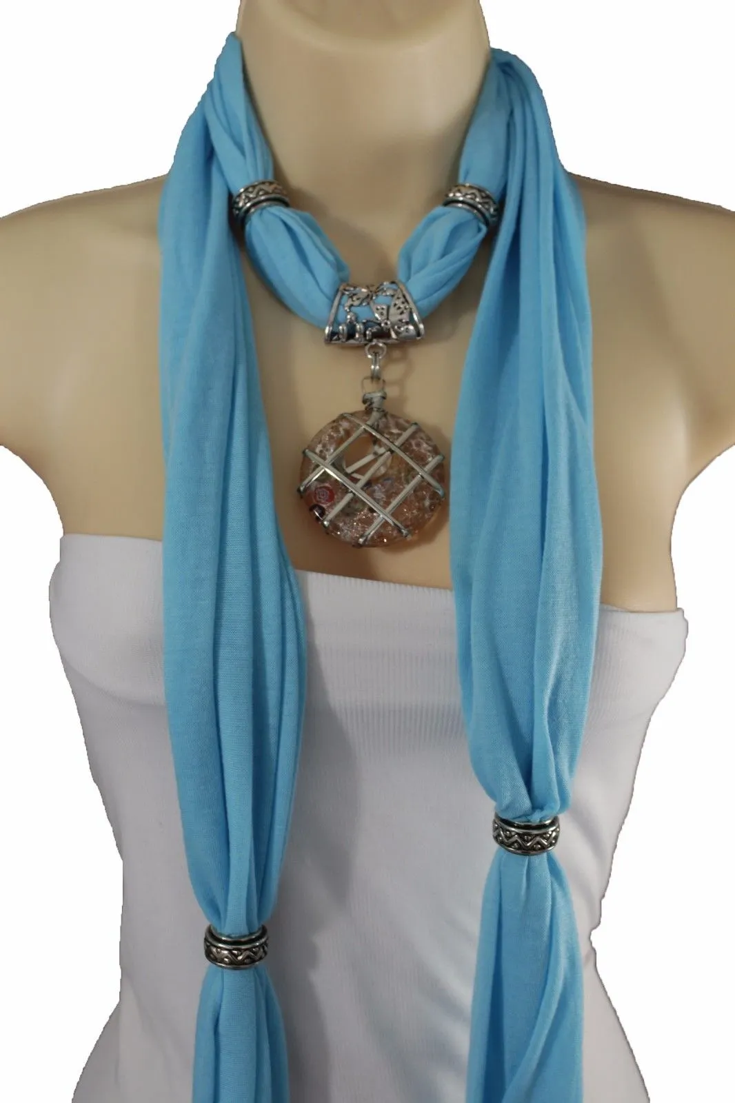 Light Blue Gray Pink Soft Fabric Glass Pendant Scarf Long Necklace Silver Metal