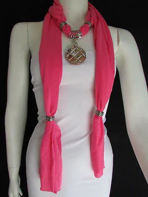 Light Blue Gray Pink Soft Fabric Glass Pendant Scarf Long Necklace Silver Metal