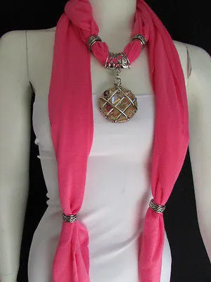 Light Blue Gray Pink Soft Fabric Glass Pendant Scarf Long Necklace Silver Metal