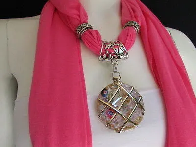 Light Blue Gray Pink Soft Fabric Glass Pendant Scarf Long Necklace Silver Metal