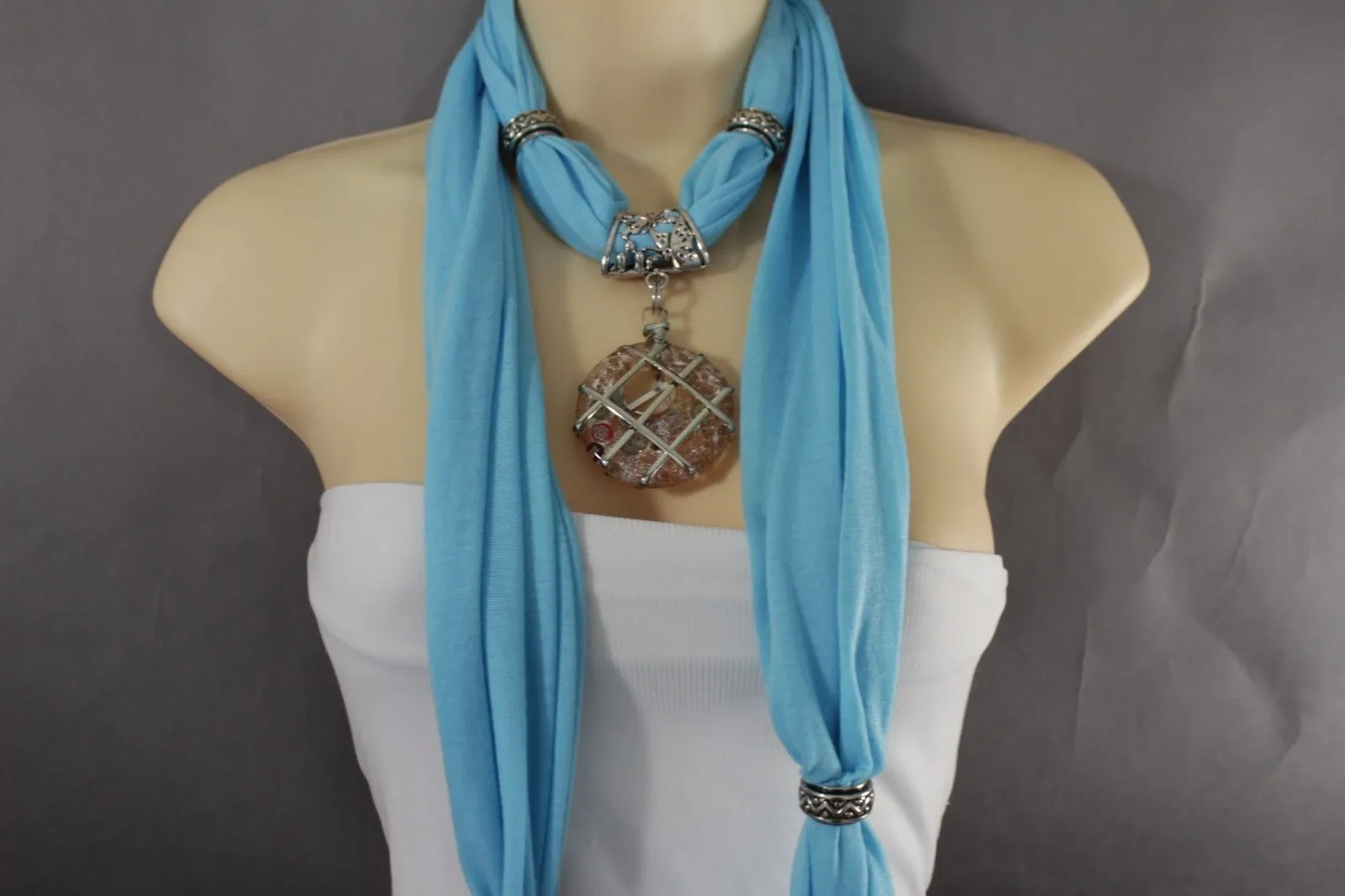 Light Blue Gray Pink Soft Fabric Glass Pendant Scarf Long Necklace Silver Metal