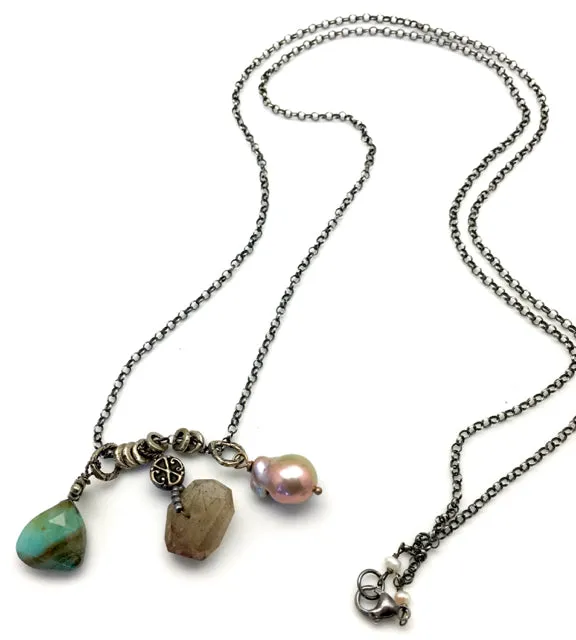 Love Heals Simply Amazonite, Pearl and Rutilated Quartz Neckace