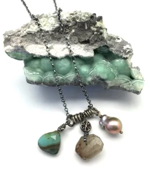 Love Heals Simply Amazonite, Pearl and Rutilated Quartz Neckace