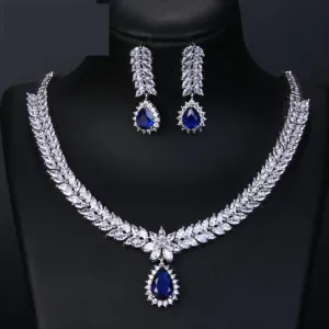 Luxury AAA Cubic Zircon 4 Colors Water Drop Wedding Earring Necklace Jewelry Sets