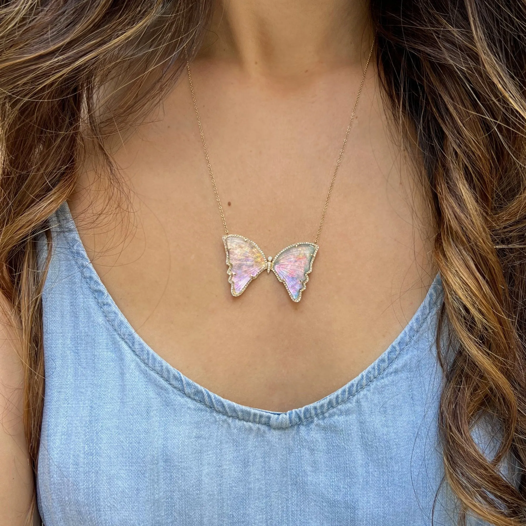 Magical Ocean Sunset Quartz Butterfly Necklace with Diamonds