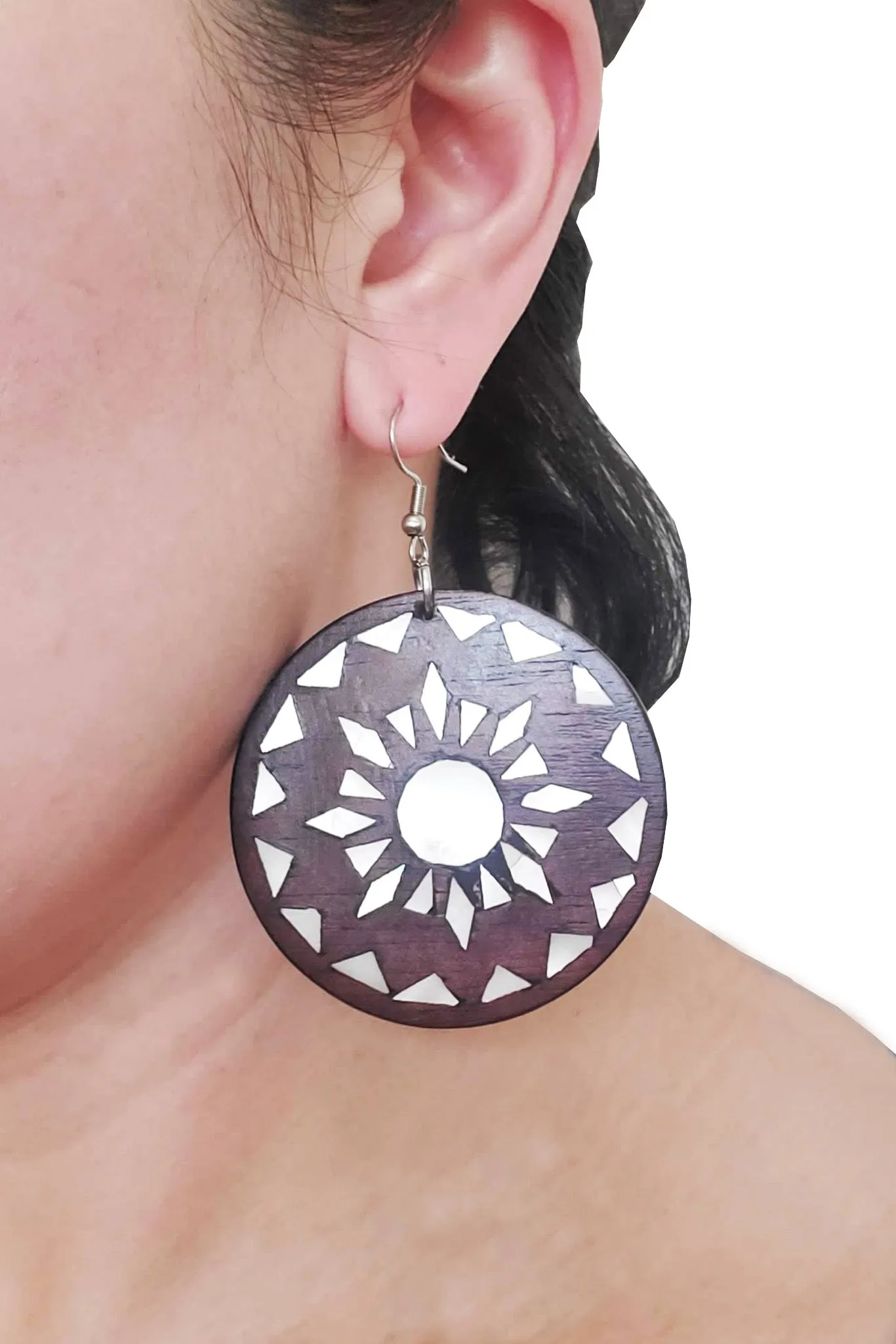 Maranao Mother of Pearl Inlaid Wooden Circle Earrings