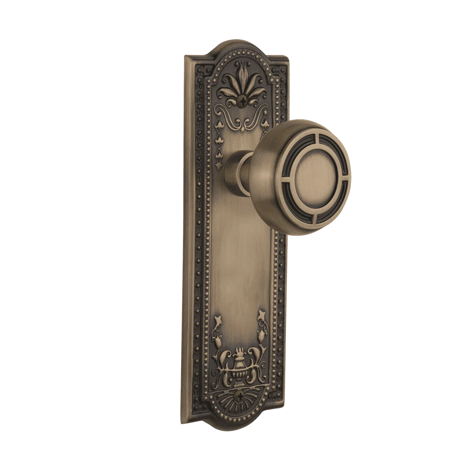 Meadows Long Plate with Mission Knob in Antique Brass