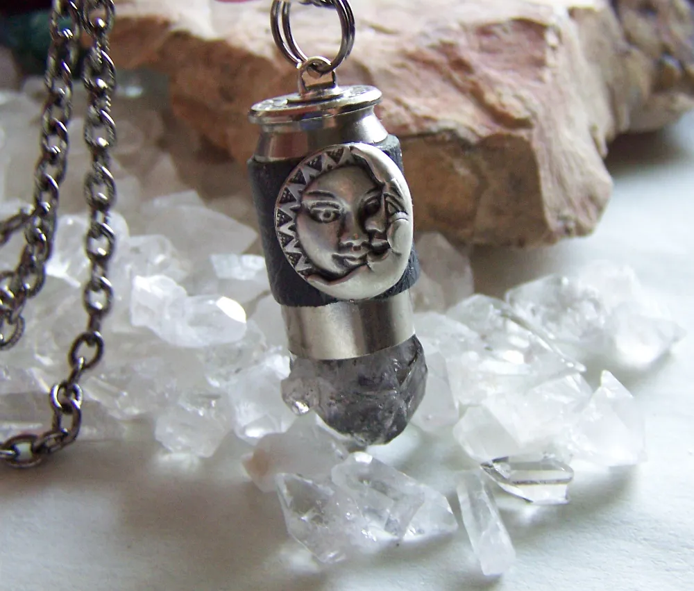 Natural Black Quartz Crystal Sun and Moon Bullet Pendant Necklace