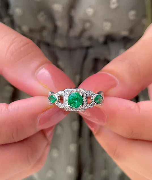 Natural Emerald and Diamond Vintage Engagement Ring