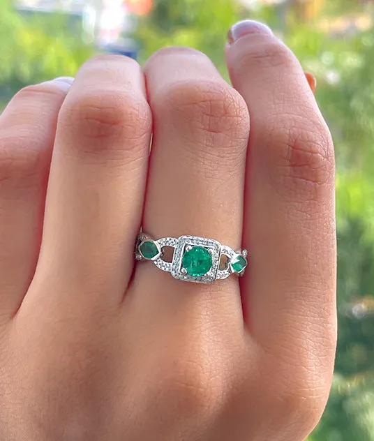 Natural Emerald and Diamond Vintage Engagement Ring