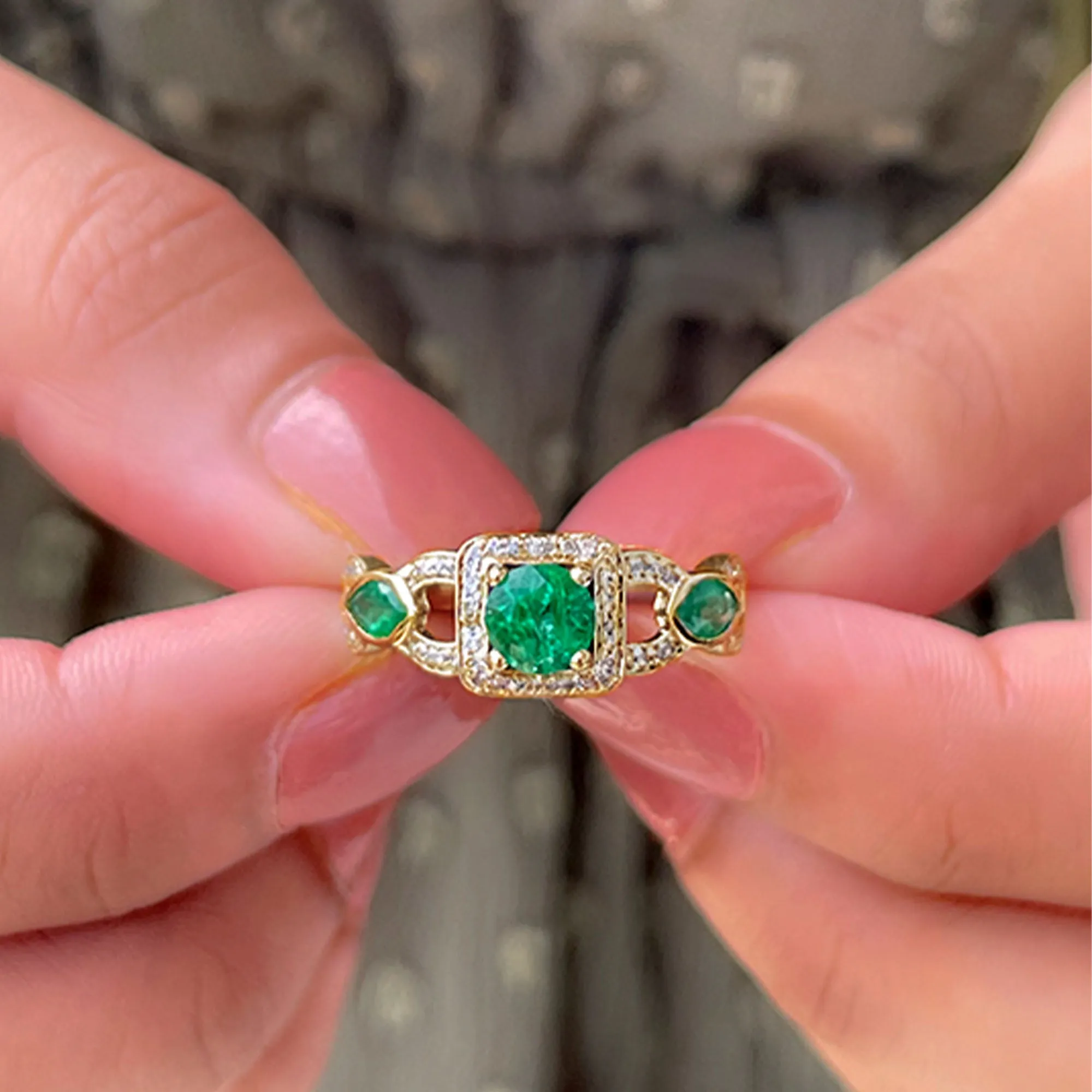 Natural Emerald and Diamond Vintage Engagement Ring