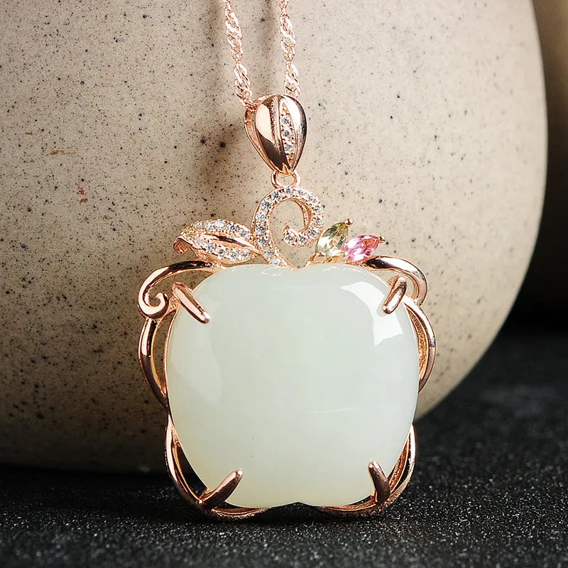 Natural Jade Pendant Nephrite Silver Apple Pendant PT161