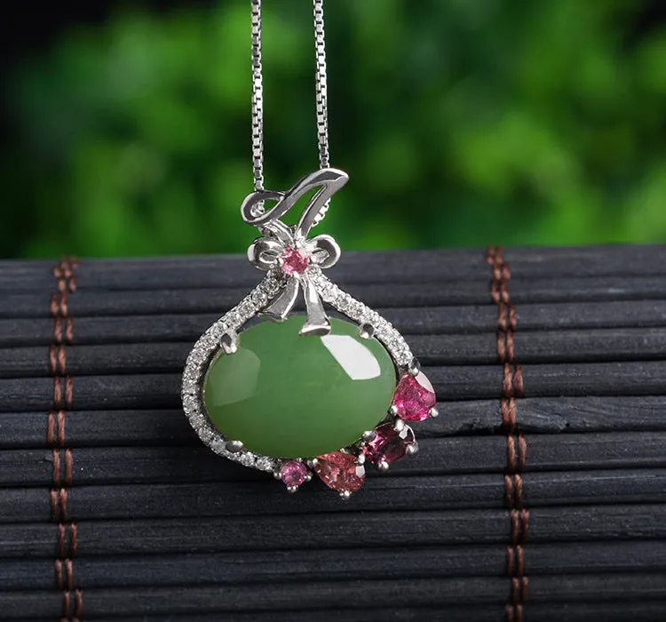 Natural Jade Pendant Nephrite Silver Tourmaline Pendant ZPT140