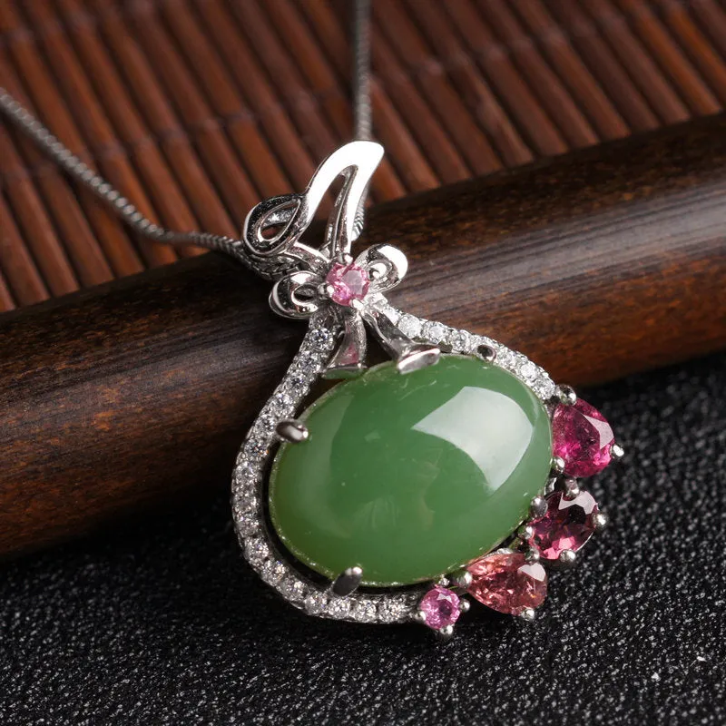 Natural Jade Pendant Nephrite Silver Tourmaline Pendant ZPT140