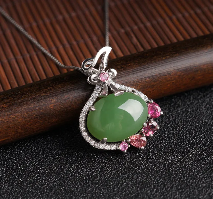 Natural Jade Pendant Nephrite Silver Tourmaline Pendant ZPT140