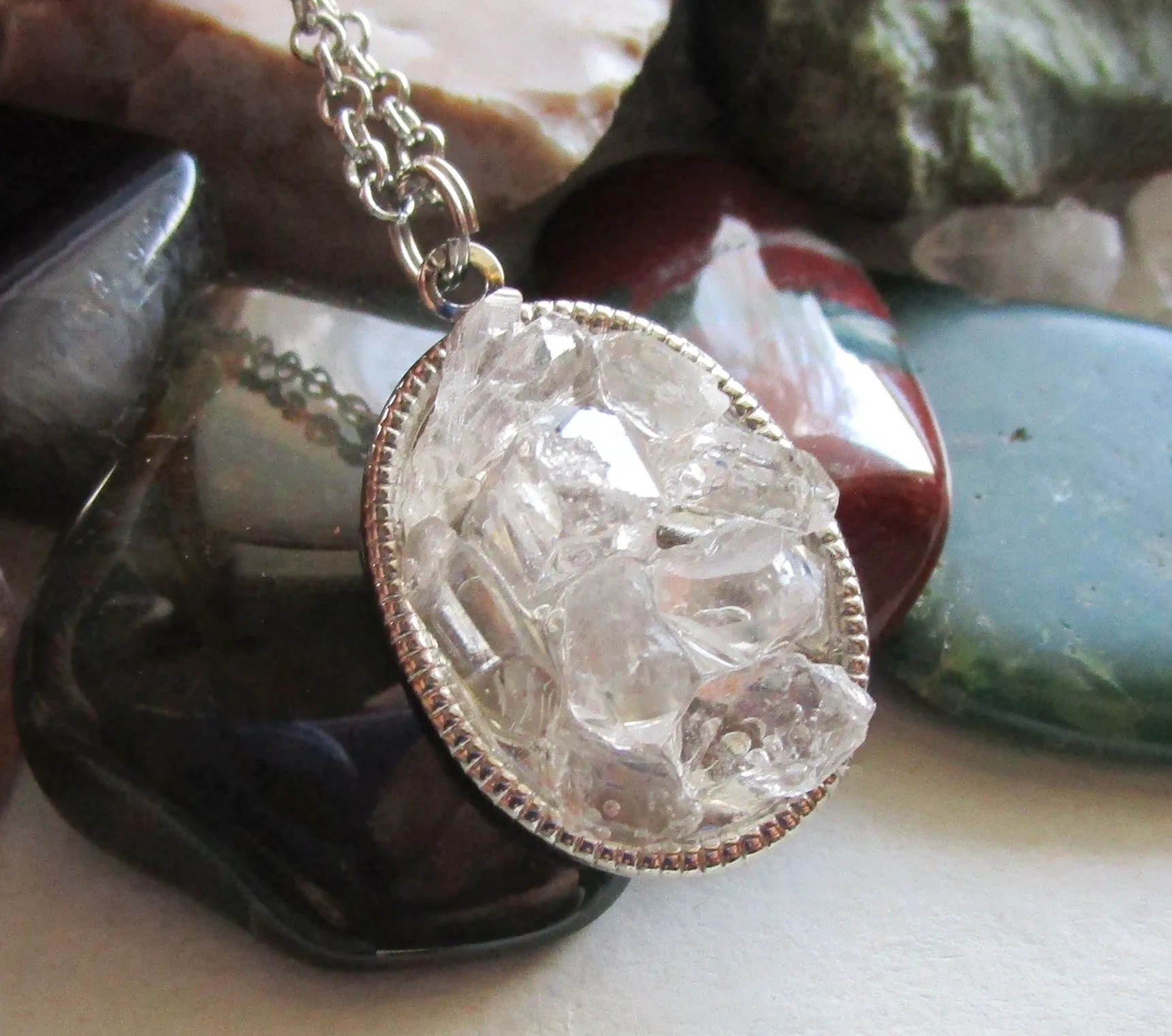 Natural Quartz Crystals Pavè Setting Pendant Necklace