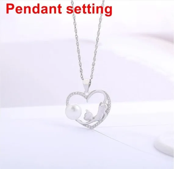 Necklace Pendant Setting Blank 7.5mm 1pc 2.0g 925 Sterling Silver Heart Shape Base for 1 Pearl Bead CZ Semi Mount Wholesale Available