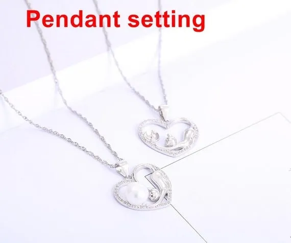 Necklace Pendant Setting Blank 7.5mm 1pc 2.0g 925 Sterling Silver Heart Shape Base for 1 Pearl Bead CZ Semi Mount Wholesale Available