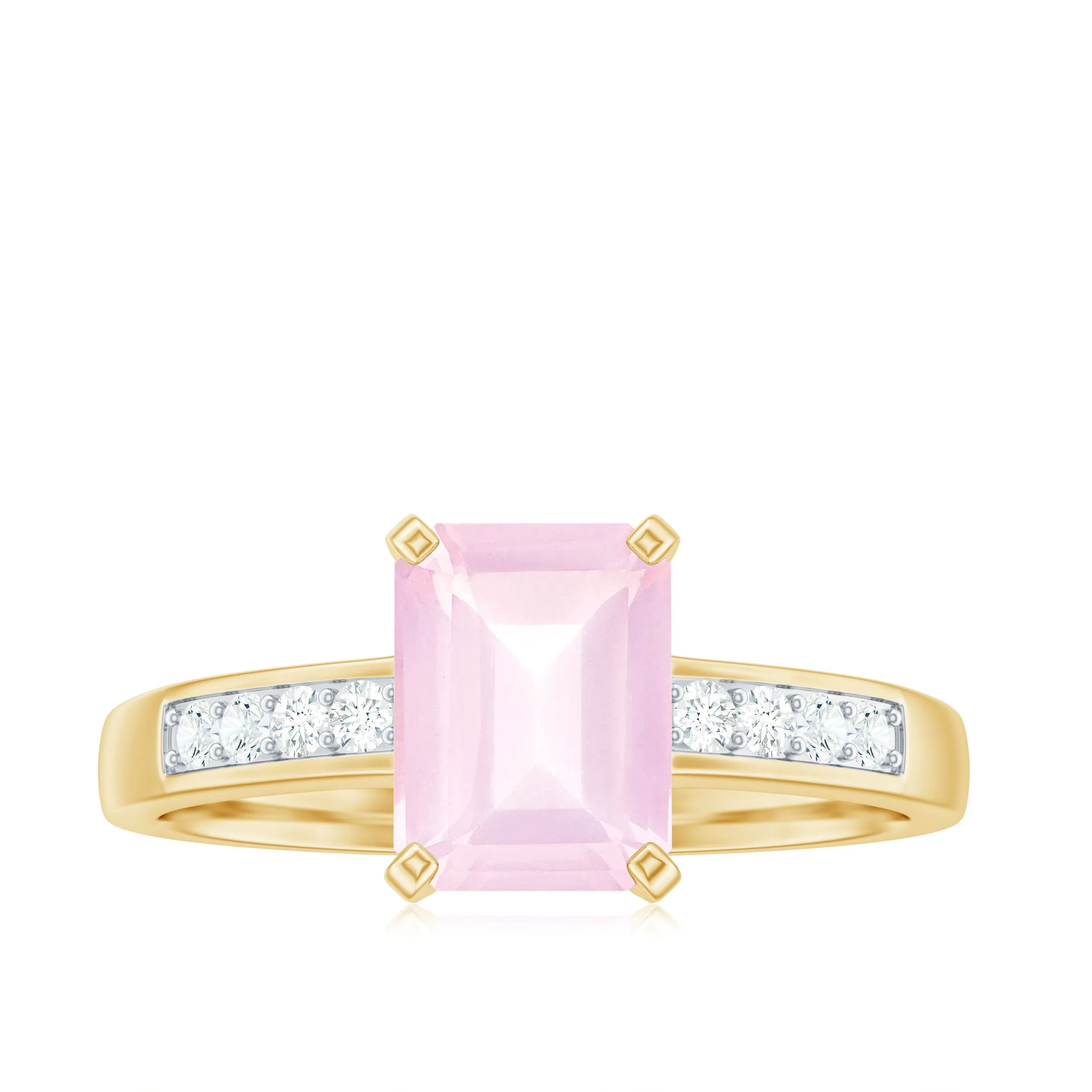 Octagon Cut Rose Quartz Solitaire Engagement Ring with Diamond Side Stones