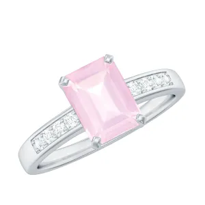 Octagon Cut Rose Quartz Solitaire Engagement Ring with Diamond Side Stones